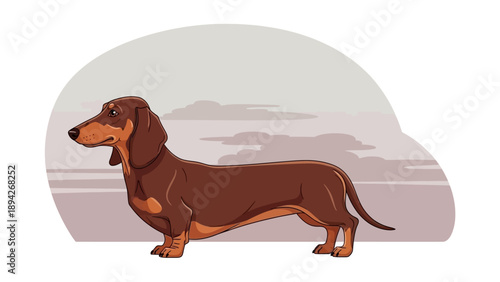 Illustration of a dachshund standing in a mountainous landscape viewed from the side
