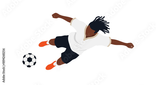 Athlete kicks soccer ball with outstretched arms in dynamic illustration from aerial viewpoint
