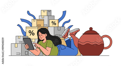 Woman relaxing with digital device surrounded by financial symbols and tea