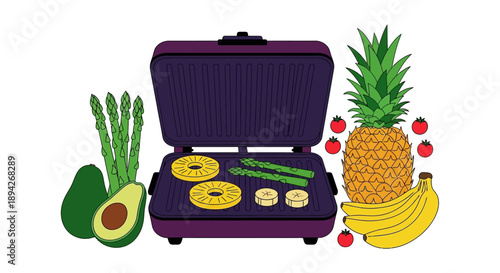Assorted fruits and vegetables packed in a purple suitcase, showcasing healthy food on travel