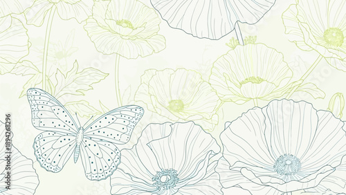 A butterfly surrounded by flowers in a seamless pattern, viewed from directly above, showcasing a delicate illustration