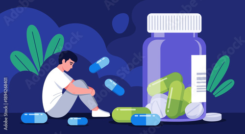 A distressed person surrounded by scattered pills and a large bottle of medication, contemplating the impact of substance abuse, from a top-down viewpoint.