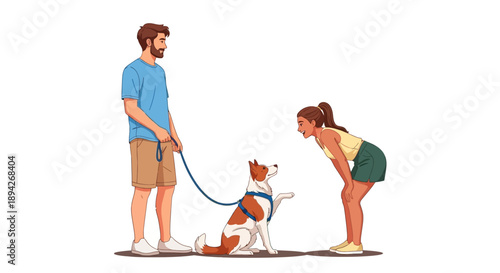 Man and woman interacting with a dog on a leash in a casual outdoor setting