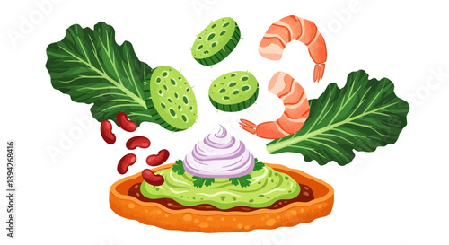 Assorted food items including avocado, prawns, and leaves arranged on a tart, with cucumber and seeds floating around it, viewed from directly above.