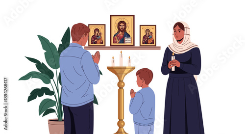 Family praying together in a serene environment with religious icons and a plant nearby viewed from behind