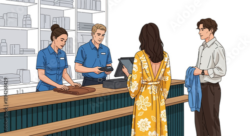 Customers interacting with staff at a retail counter, receiving assistance from employees in a modern store environment.