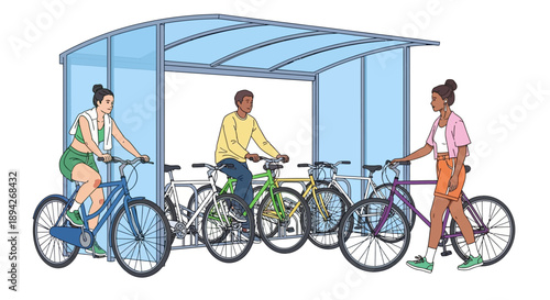 People riding and walking with bicycles under a sheltered bike parking area
