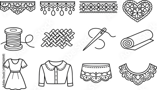  Line style vector icons of lace accent: lace, trim, edging, detail; fabric, textile, thread, weave; dress,