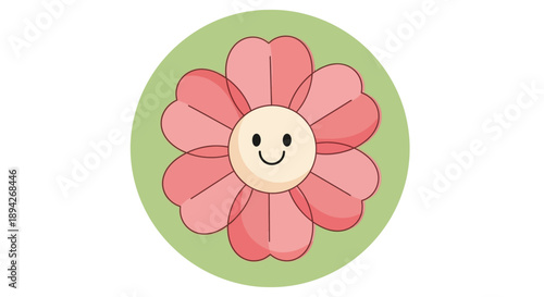A smiling flower character in the center of a green circle, viewed from directly above, with a plain white background and a soft illustration style