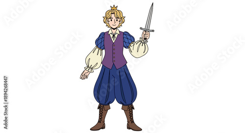 A blonde cartoon character in blue attire holding a sword confidently standing