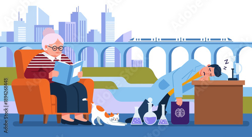 Elderly man sits in an armchair reading a book with cats nearby in a cozy living room with a cityscape view