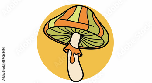 A vibrant illustration of a mushroom with green and orange stripes, viewed from the side, on a yellow background, with a simple, cartoonish style.