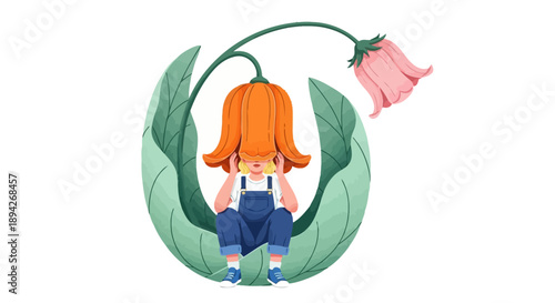 A young girl with orange hair sits surrounded by large leaves and a flower, in an illustrated scene viewed from behind.