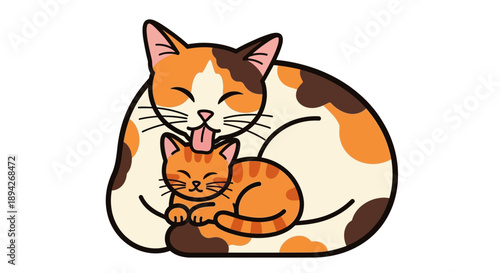 Mother cat grooming her kitten in a cozy embrace, showcasing affection and tenderness in a serene illustration scene