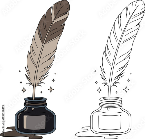 Vintage Fountain Pen and Inkwell Illustration - Antique Calligraphy Line Art Vector Isolated