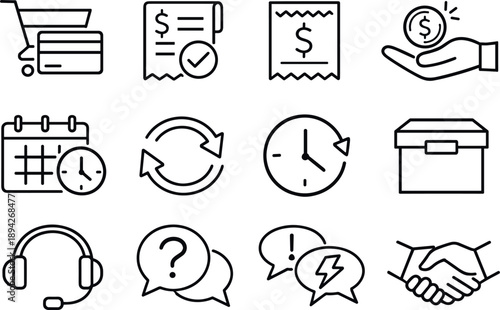 Line style vector icons of mobile transaction icons: checkout, invoice, bill, tip; schedule, repeat, history,
