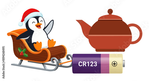 Penguin riding a sled next to a battery and a teapot in a whimsical winter scene illustration