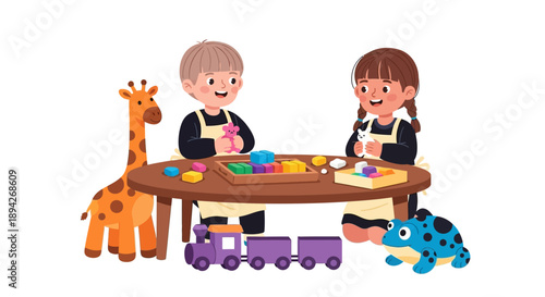 Two children engaged in a creative play session with colorful toys and animals on a wooden table