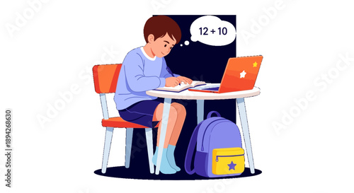 Young student working on laptop while sitting at desk with backpack nearby, focused on math problem