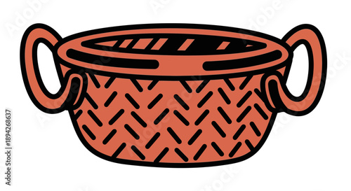 Illustration of a decorative ceramic bowl with handles, featuring a geometric pattern, viewed from the front.