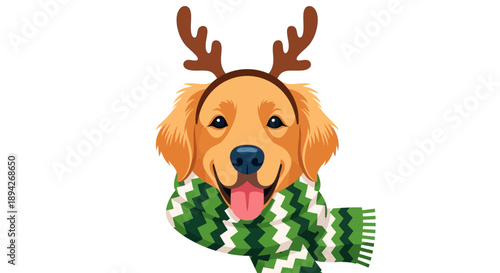 A cartoon dog wearing a scarf and antlers is depicted in a festive holiday illustration.