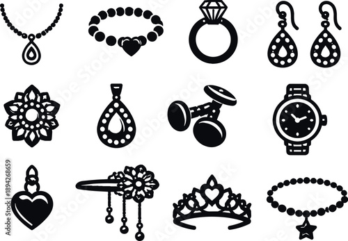 Jewelry Accessories Icons. Solid vector icons of jewelry accessories: necklace, bracelet, ring, earring, brooch, pendant, charm,