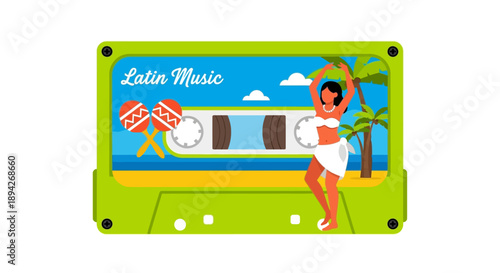 Vibrant Latin Music Cassette Tape Illustration with Dancing Woman and Palm Tree