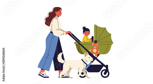 A mother walks her child in a stroller accompanied by a dog outside on a sunny day