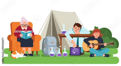 Family enjoying leisure time together at a campsite with tent and musical instruments, viewed from a slight distance