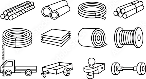 Line style icons of bulk materials delivery: rebar, pipe, cable, conduit; coil, stack, roll, spool; truckbed,