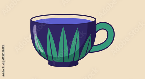 Illustration of a blue cup with green leaves on a beige background from a front viewpoint