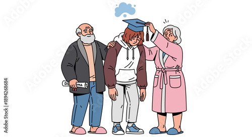 Elderly couple adjusting graduate's cap during ceremony outdoors with casual attire