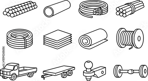 Image Generation. Line style icons of bulk materials delivery: rebar, pipe, cable, conduit; coil, stack, roll, spool; truckbed,