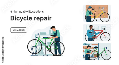 Man repairing bicycle in workshop with various tools and bicycle parts displayed around