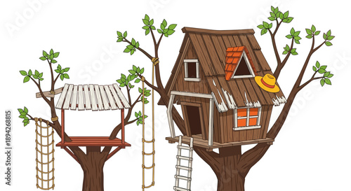 Illustration of two treehouses with ladders and rope, showcasing childhood imagination and adventure in a serene forest environment from a frontal viewpoint