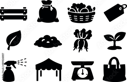  Solid vector icons of organic vegetable stand: wooden crate, burlap sack, produce basket, handwritten tag, leaf