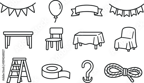 Image Generation. Line style vector icons of Celebration setup icons: banner, balloon, ribbon, garland; table, chair, cloth, cover