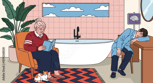 An older man relaxing in a chair while another sleeps at a desk in a bathroom scene with pink tiles and a bathtub