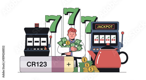 Man celebrating jackpot win surrounded by slot machines and cash