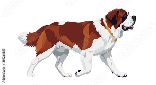 A large brown and white dog walking towards the right side with its mouth open and tongue out in a digital illustration