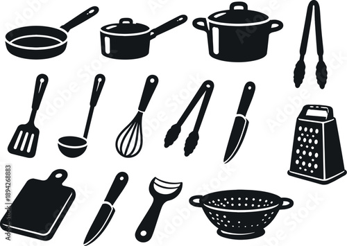  Solid vector icons of kitchen tools: frying pan, saucepan, stockpot, spatula, ladle, whisk, tongs, cutting board