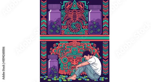 A man sits amidst vibrant digital artwork, surrounded by neon lights and abstract patterns, in a futuristic illustration style, steven (780).ai reference