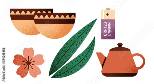 A vibrant tea setting featuring a teapot, cups, leaves, flower, and tea label, viewed from directly above.