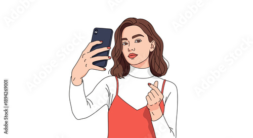 Woman taking a selfie with her smartphone in a modern setting with a confident gesture