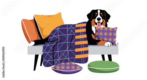 A bernese mountain dog resting on a couch surrounded by vibrant pillows and cushions in a cozy living room setting