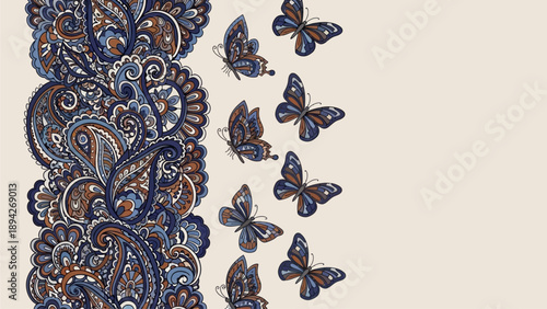 Butterflies flying around intricate designs in a vertical arrangement from top to bottom