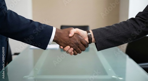 Business handshake between two professionals in a bright office setting, symbolizing agreement and partnership