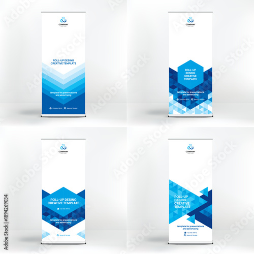 Banner design set, roll-up stand for advertising, conferences, seminars, poster template for placing photos and text. Creative background for presentation