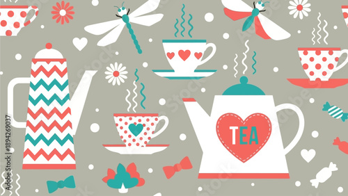 Vibrant tea party illustration with teapots, cups, and hearts in a whimsical setting