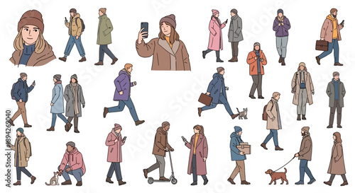 Diverse people engaging in various daily activities and walking in different directions on a plain white background